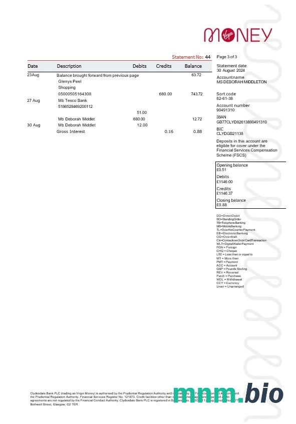 Wielka Brytania Virgin Money go Account bank Statement
